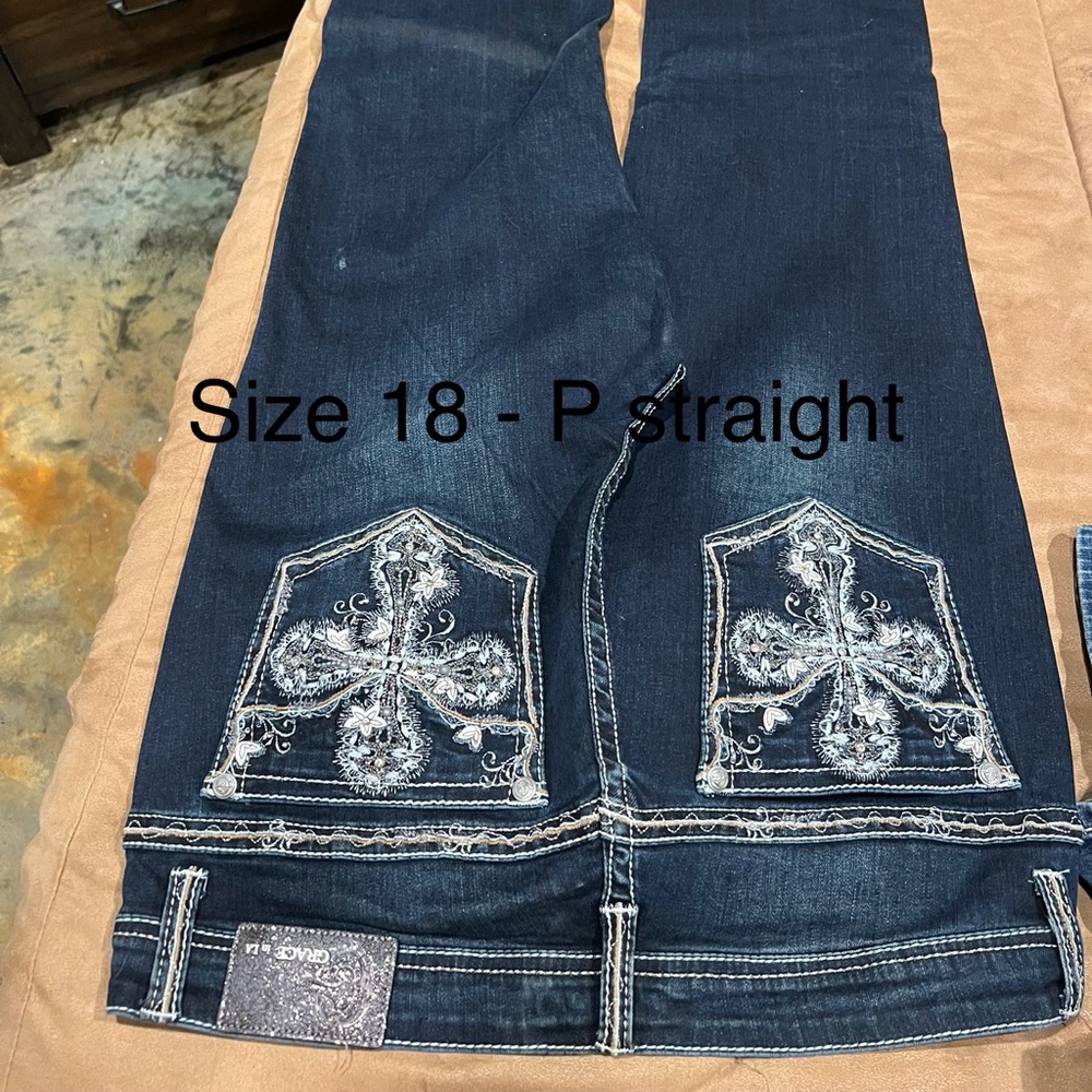 Grace in LA Dark Blue Straight Leg Jeans with Embellished Pockets